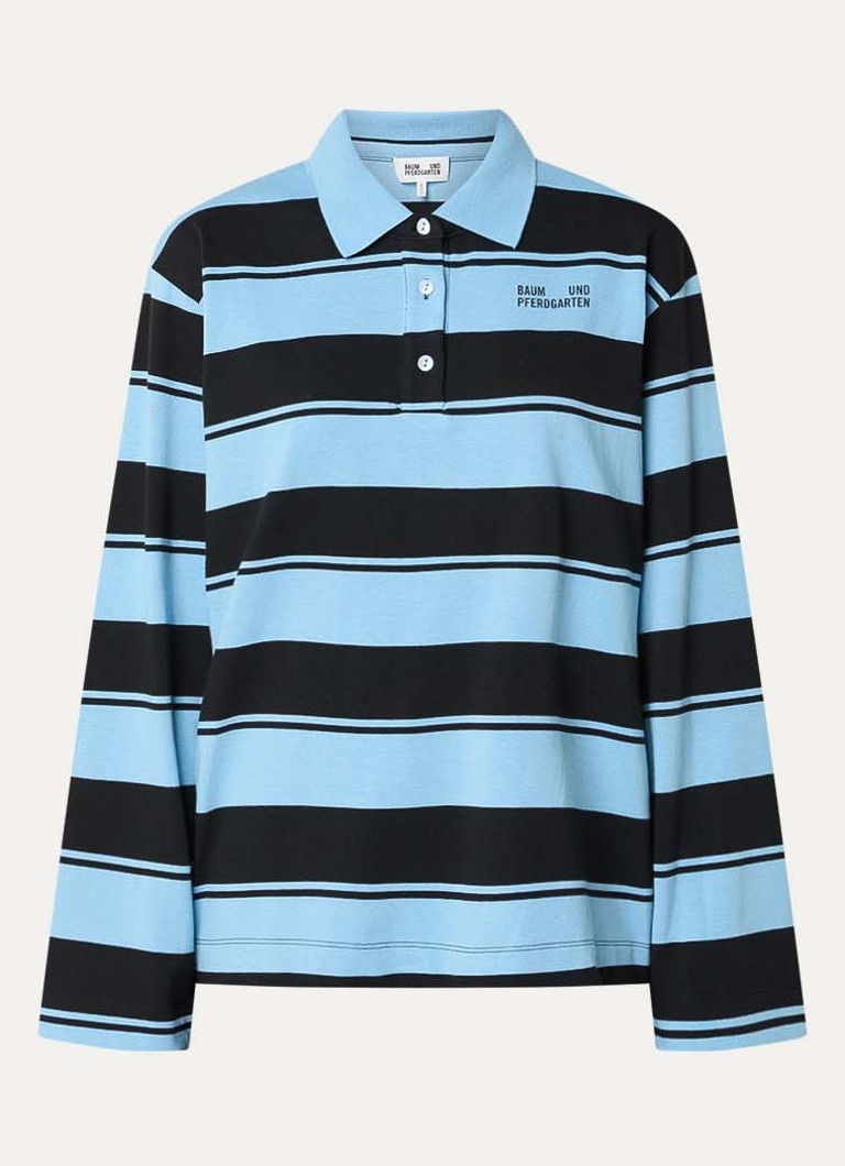 Baum und Pferdgarten Dames Jeanne longsleeve met streepprint en polokraag in de kleur Aquablauw, maat: S