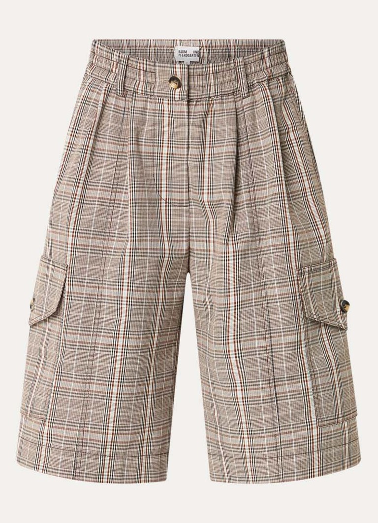 Baum und Pferdgarten Dames Neeto high waist loose fit korte cargobroek met ruitdessin en klepzakken in de kleur Beige, maat: 34