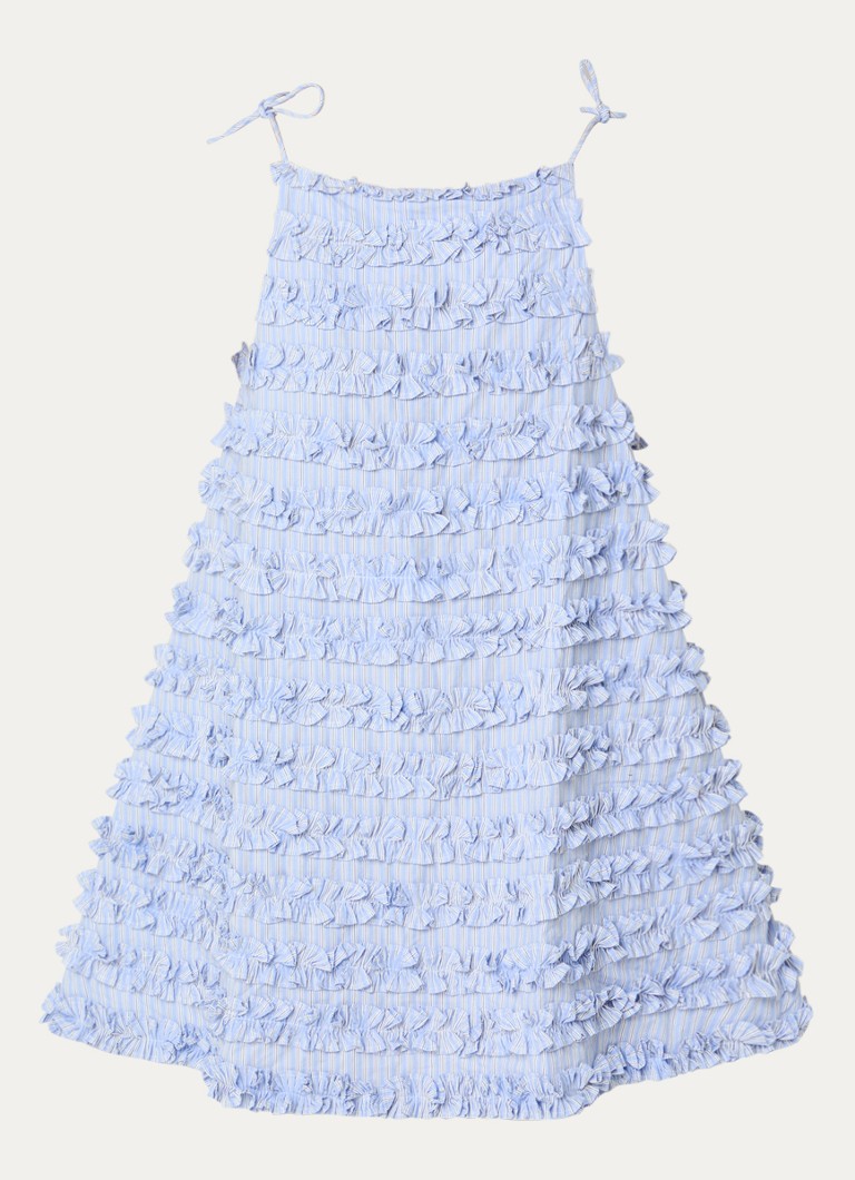 Damson Madder Dames Leili mini jurk met ruches en streepprint in de kleur Blauwgrijs, maat: 40