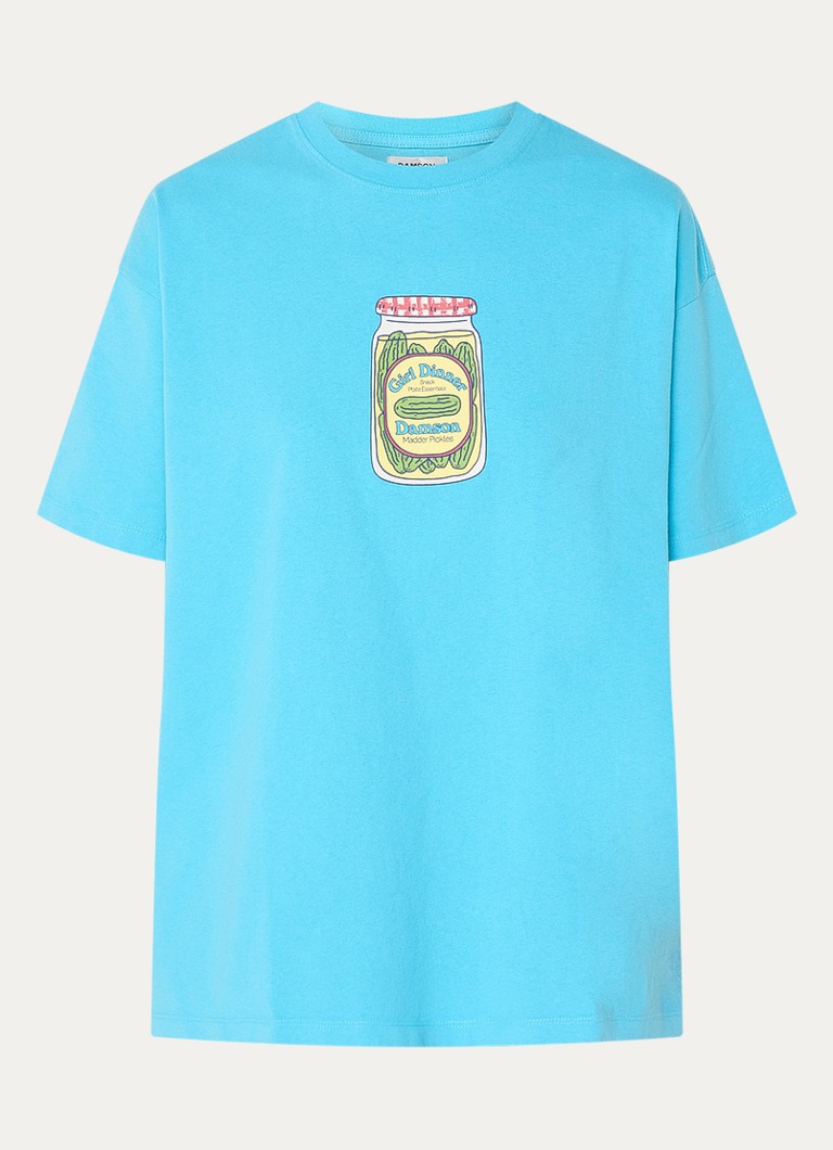 Damson Madder Dames Snack Plate T-shirt met front- en backprint in de kleur Blauw, maat: 36