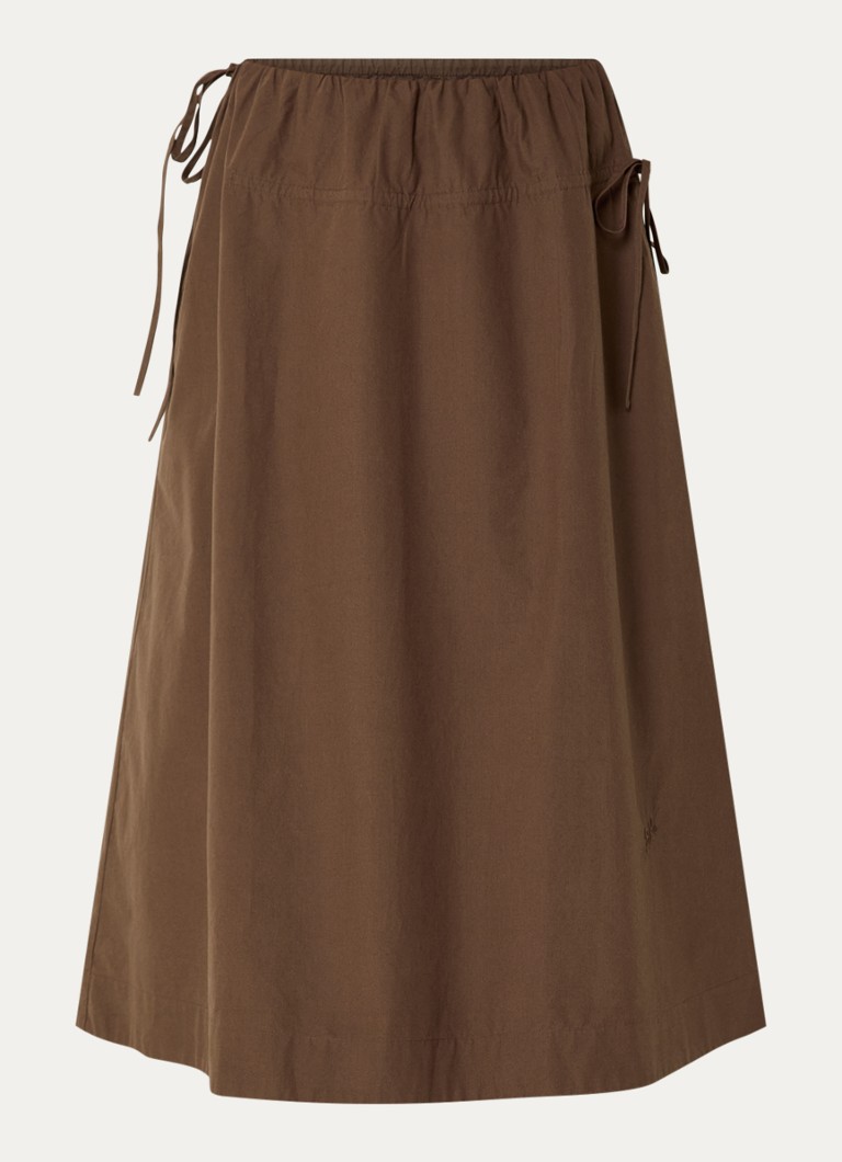 Damson Madder Dames Caspia midi rok met steekzakken in de kleur Chocoladebruin, maat: 36