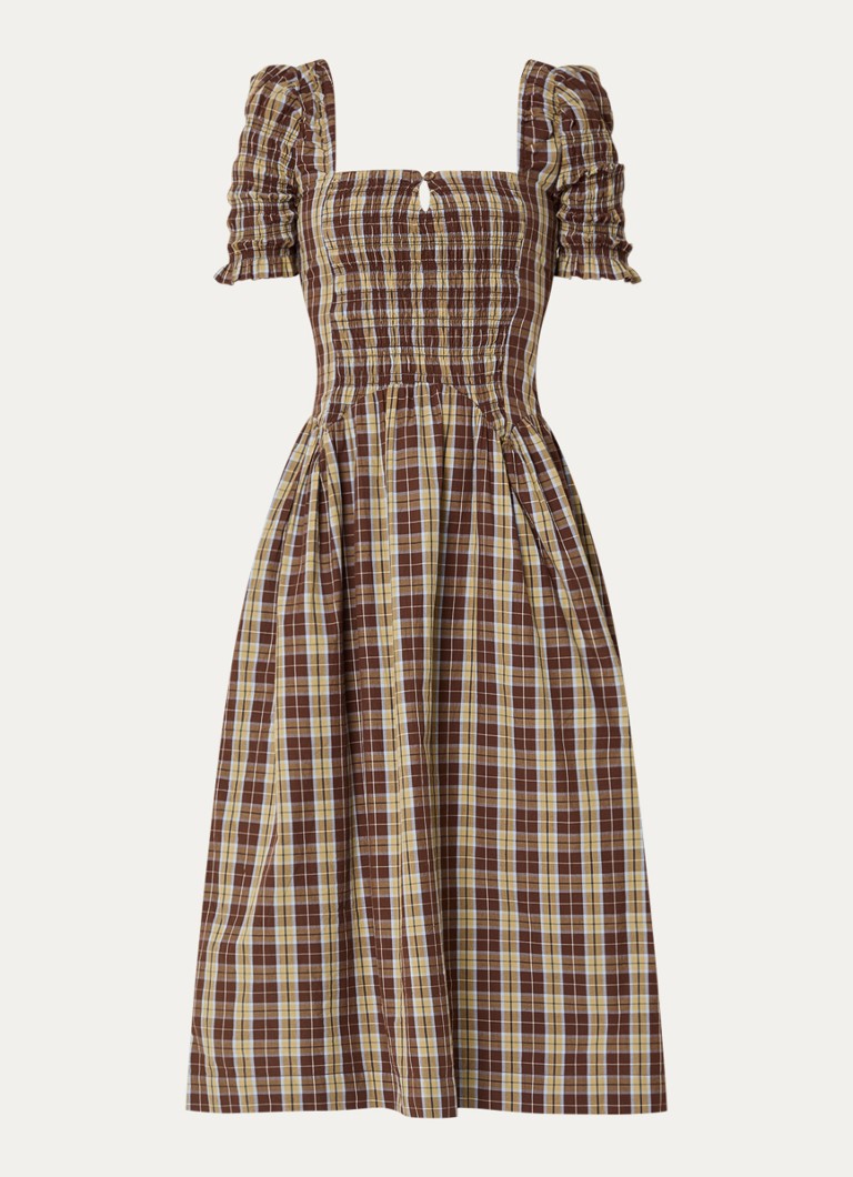Damson Madder Dames Emmy midi jurk met ruitdessin in de kleur Bruin, maat: 36