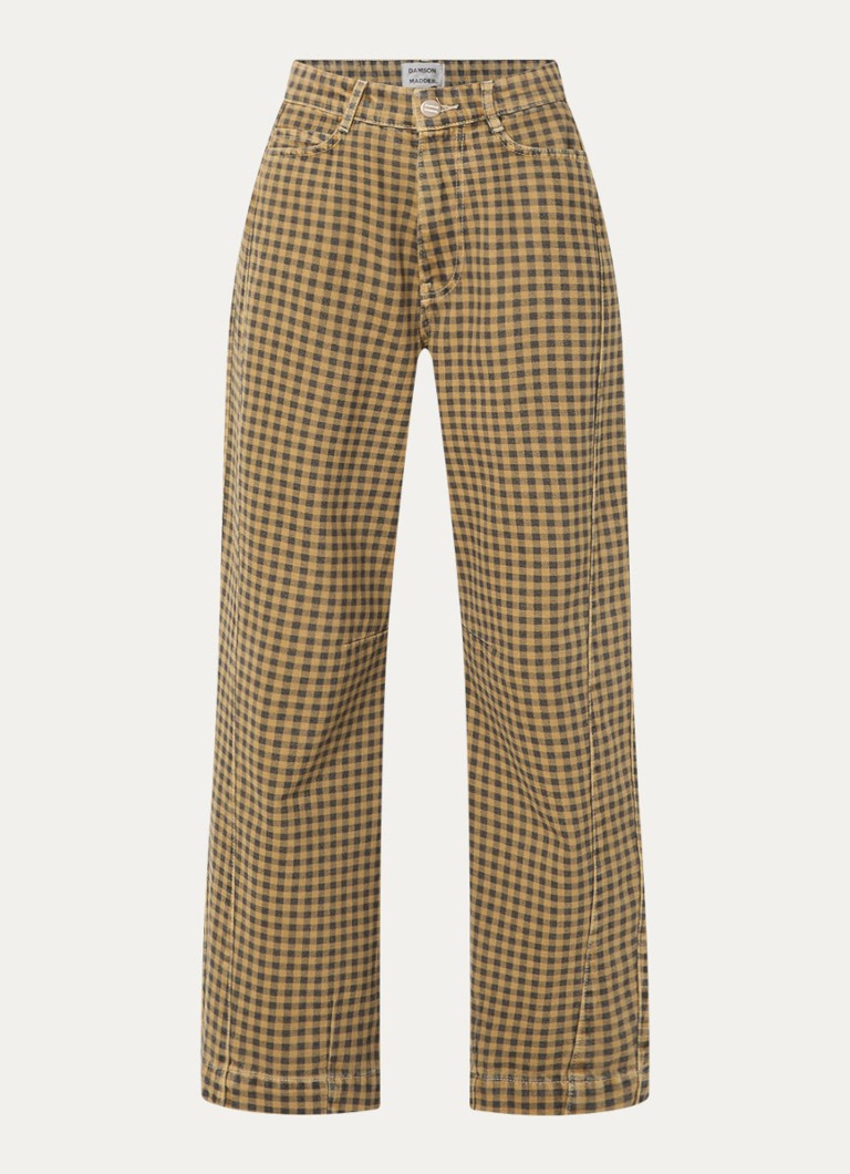 Damson Madder Dames Felix high waist wide leg jeans met gekleurde wassing en ruitdessin in de kleur Mosterd, maat: W24
