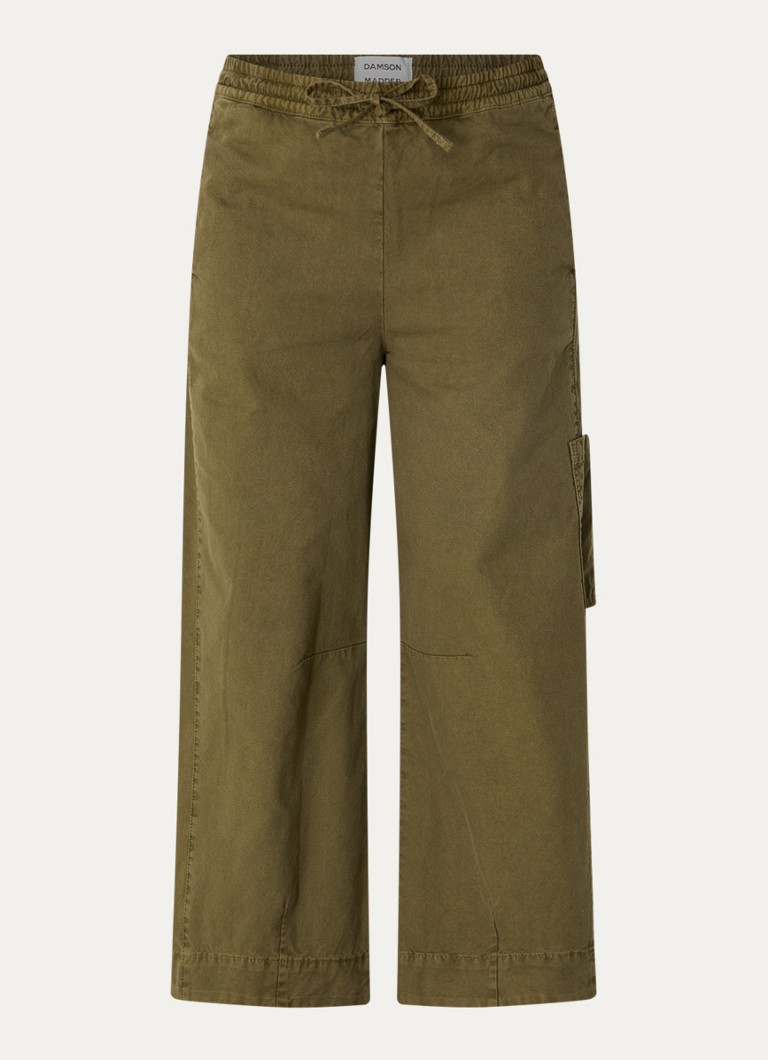 Damson Madder Dames Felix high waist wide fit cargobroek met borduring in de kleur Olijfgroen, maat: 40