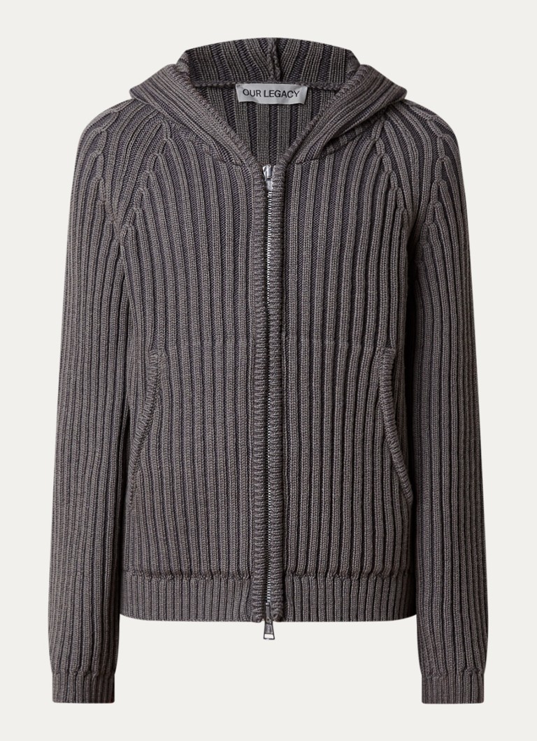 Our Legacy Heren Level Hood ribgebreid vest van merino wol met capuchon in de kleur Donkerkhaki, maat: 48