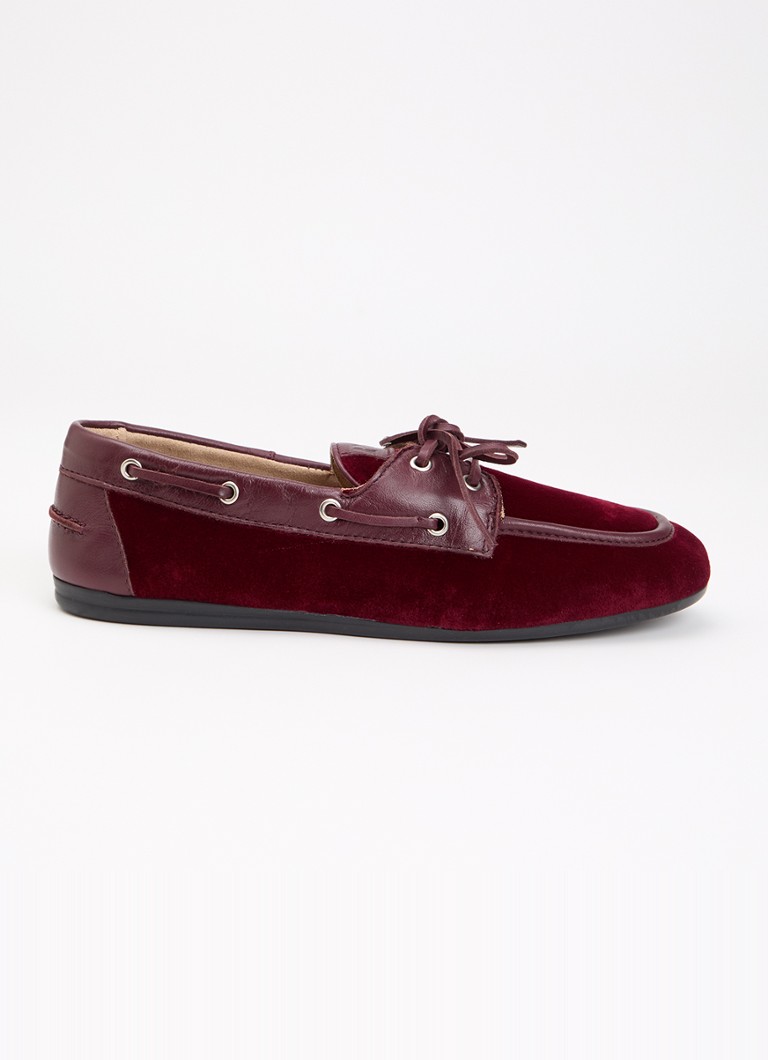 Posa Dames Boat loafer van fluweel met details van leer in de kleur Bordeauxrood, maat: 39