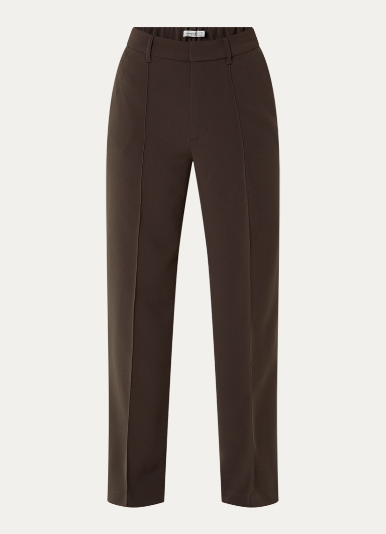 Ninepine Dames High waist straight fit pantalon met steekzakken in de kleur Donkerbruin, maat: W44/L32