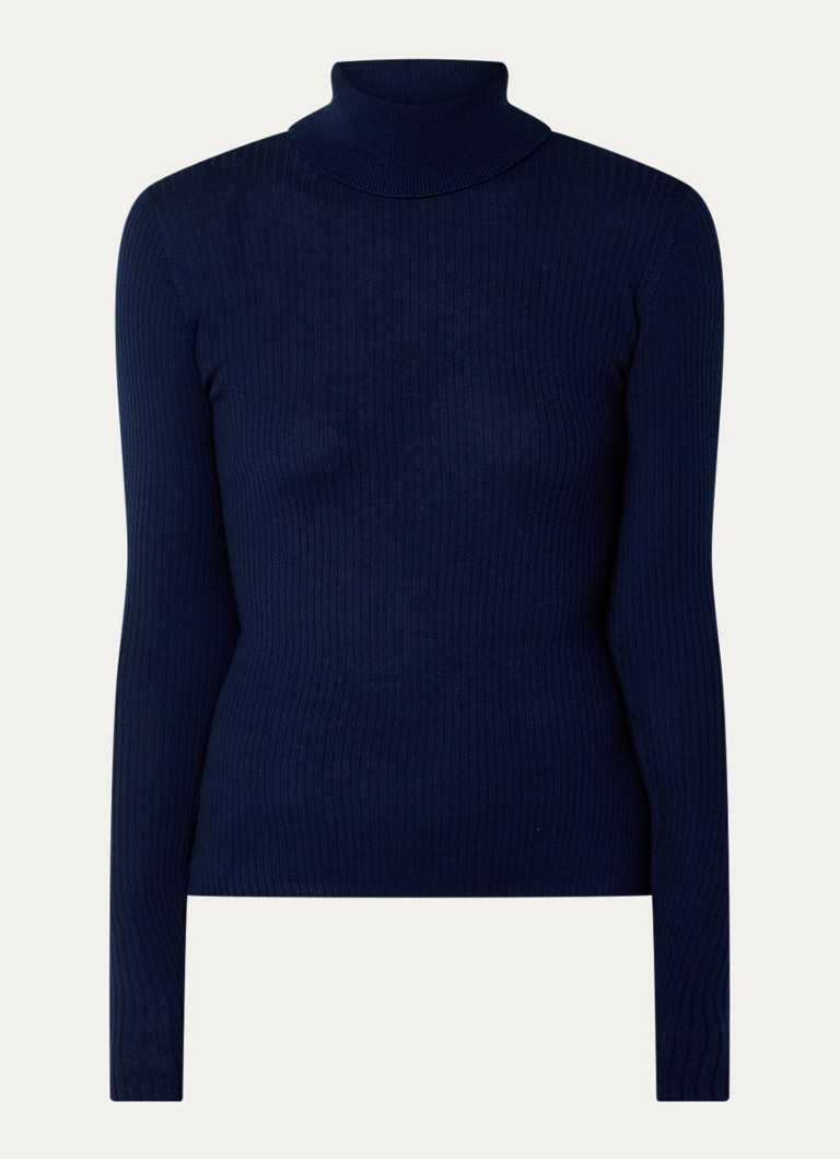 Ninepine Dames Ribgebreide trui van merino wol met col in de kleur Donkerblauw, maat: s