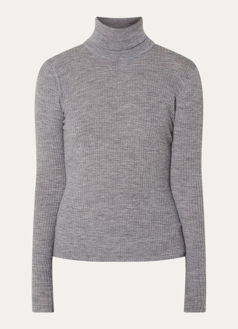 Ninepine Dames Ribgereide trui van merino wol met col in de kleur Grijsmele, maat: xl