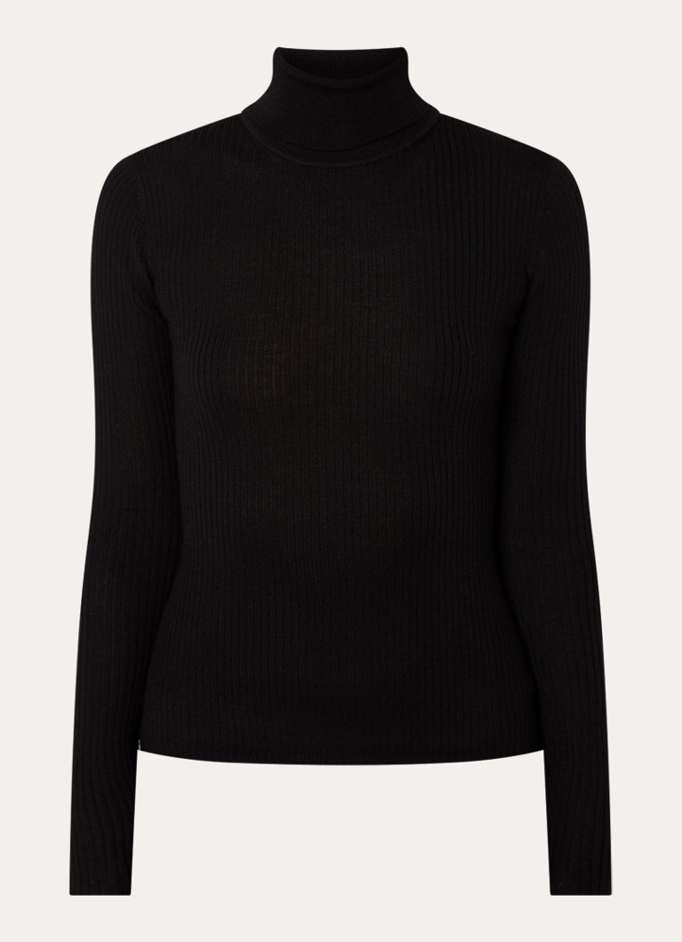 Ninepine Dames Ribgereide trui van merino wol met col in de kleur Zwart, maat: xs