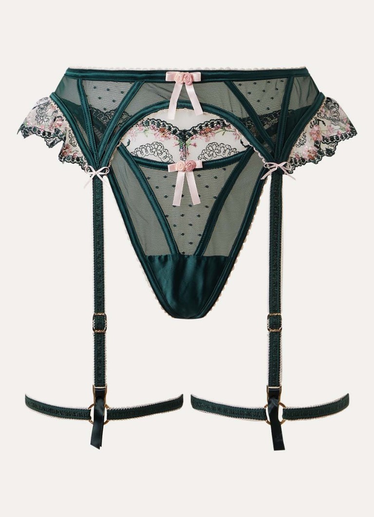 Lounge Dames Evelyn tanga met jarretels van mesh met bloemborduring in de kleur Donkergroen, maat: XL