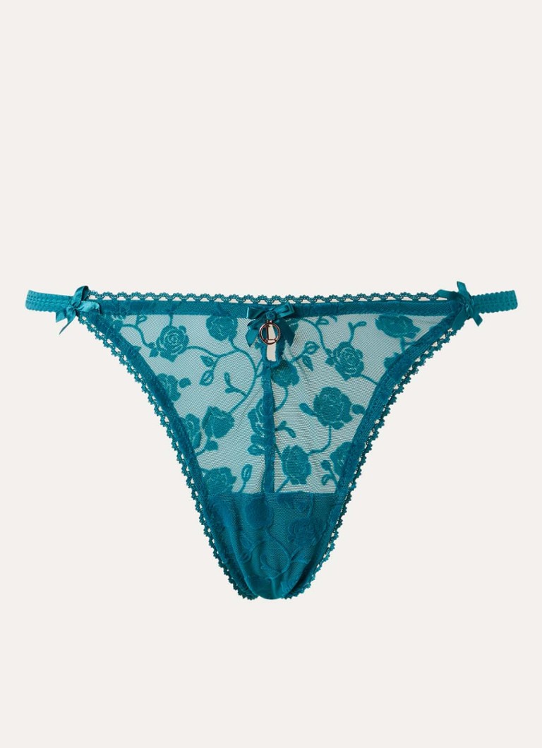 Lounge Dames String van mesh met flockprint in de kleur Zeegroen, maat: L