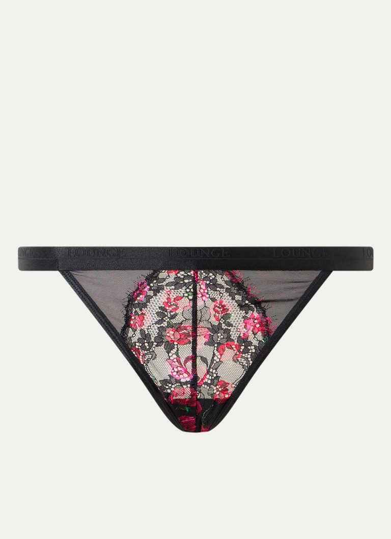 Lounge Dames Entice string van kant met bloemborduring in de kleur Zwart, maat: M