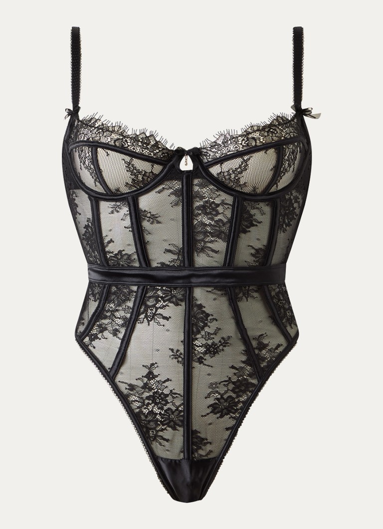Lounge Dames Soraya van mesh met kant in de kleur Zwart, maat: M