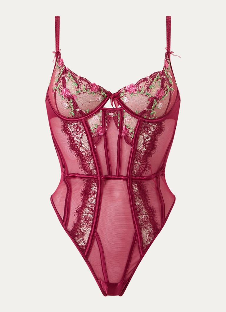 Lounge Dames Dahlia body van mesh met bloemborduring en kant in de kleur Bordeauxrood, maat: S