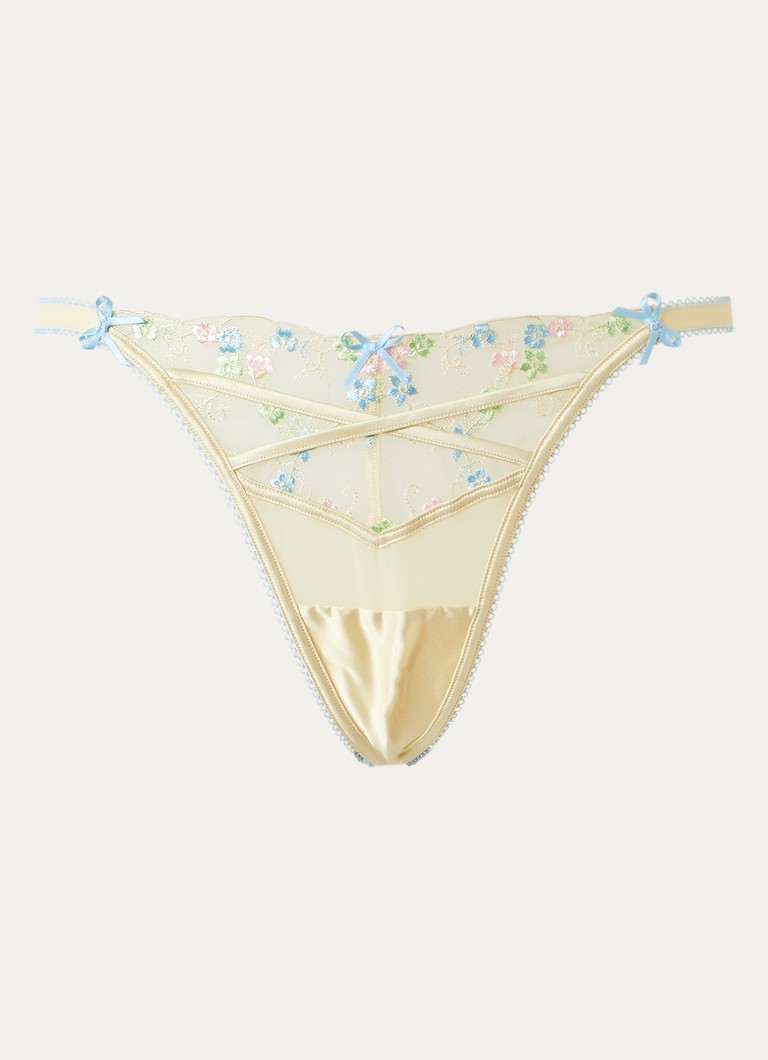 Lounge Dames Solene string van mesh met satijn en bloemborduring in de kleur Lichtgeel, maat: XL