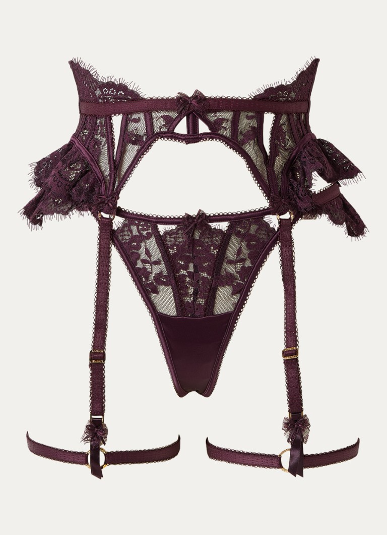 Lounge Dames Roxanna jarretels van mesh met borduring in de kleur Aubergine, maat: S