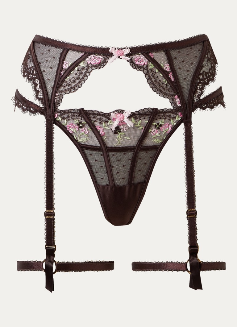 Lounge Dames Felicity jarretels van mesh met borduring in de kleur Donkerbruin, maat: XS