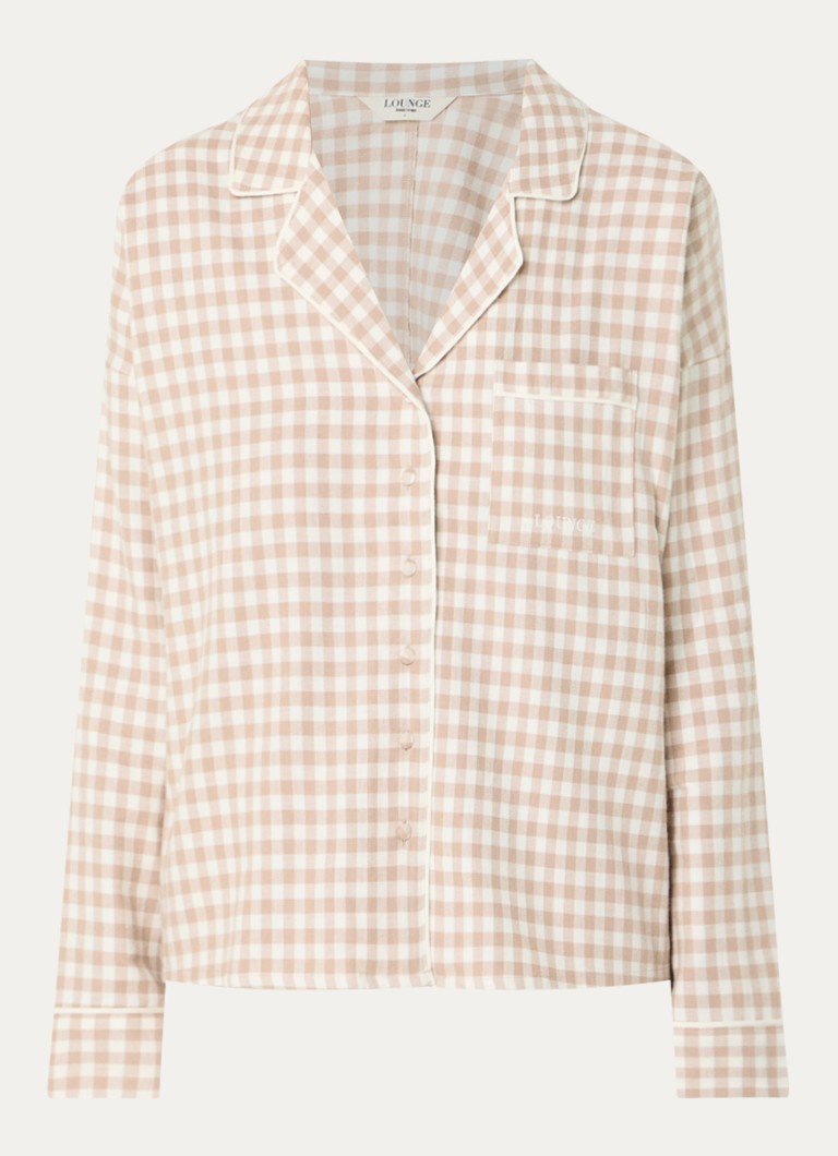 Lounge Dames Gingham pyjamatop met ruitdessin in de kleur Beige, maat: S