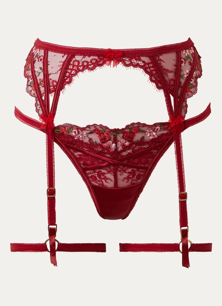 Lounge Dames Giselle jarretels van mesh met borduring in de kleur Donkerrood, maat: XL