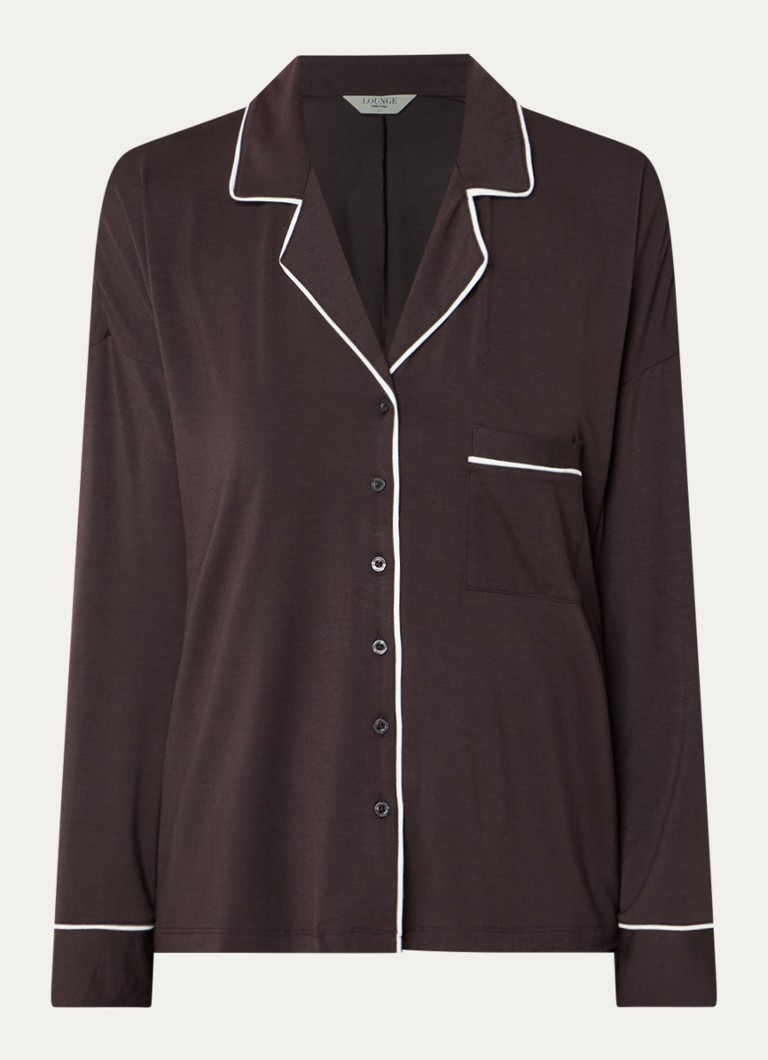 Lounge Dames Pyjamatop met contrasterende bies in de kleur Chocoladebruin, maat: XL