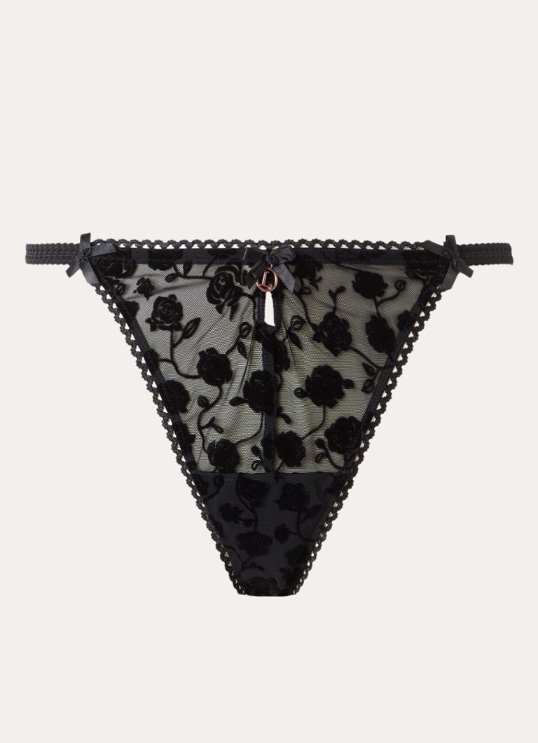 Lounge Dames Tanga van mesh met flockprint in de kleur Zwart, maat: XL
