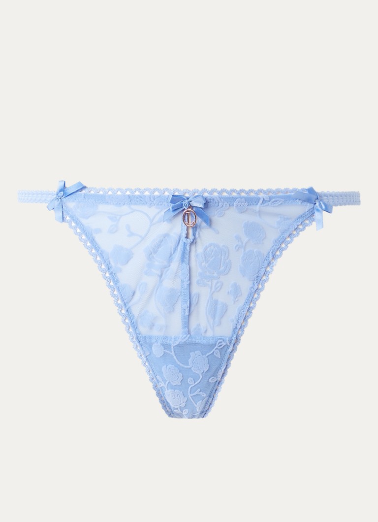 Lounge Dames Tanga van mesh met flockprint in de kleur Blauw, maat: XS