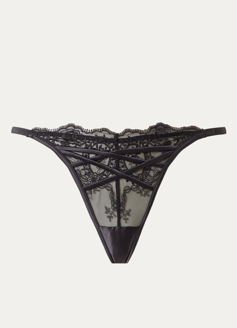 Lounge Dames Seduce tanga van mesh met borduring in de kleur Zwart, maat: XL