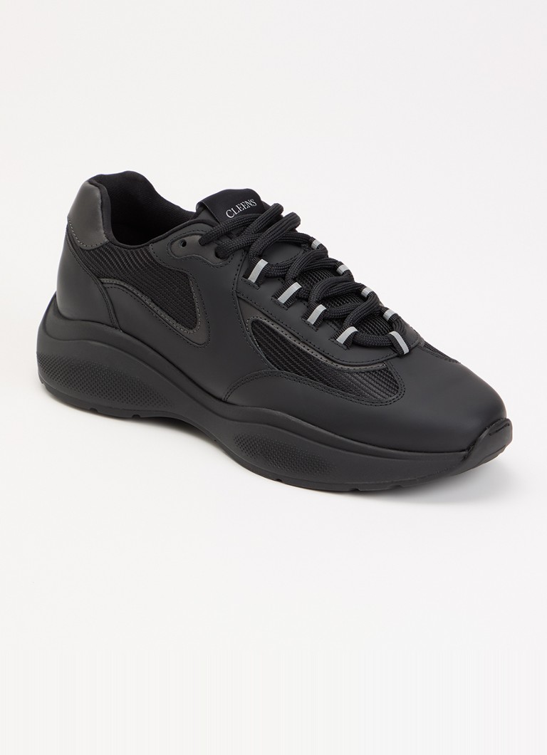 Cleens Heren Podium sneaker van leer met details van mesh in de kleur Zwart, maat: 46