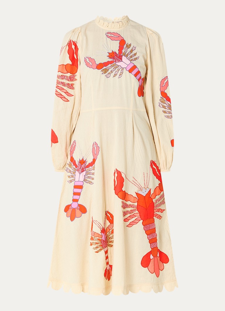 Stella Nova Dames Midi jurk met borduring en opstaande kraag in de kleur Beige, maat: 34