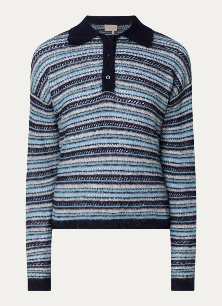 Stella Nova Dames Fijngebreide polo in wolblend met streepprint in de kleur Donkerblauw, maat: L
