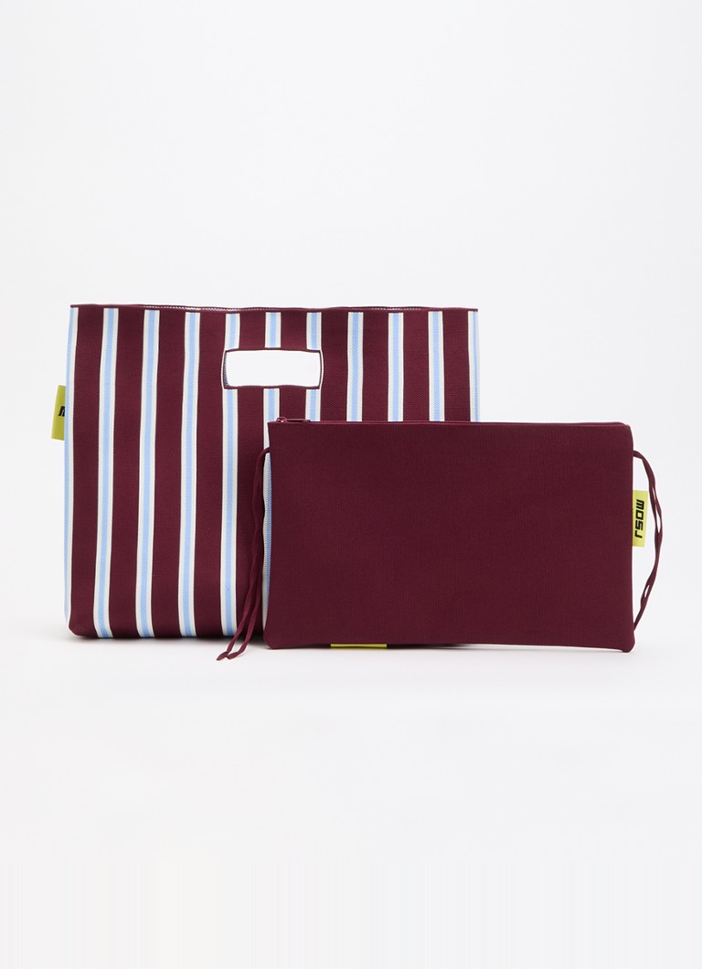 MOSJ Atelier Dames Baia Everything Bucket shopper met streepprint en uitneembaar etui in de kleur Bordeauxrood, maat: ONE SIZE