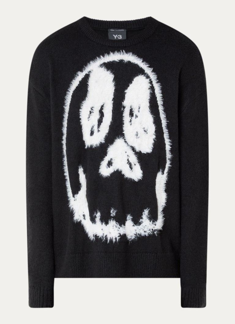 Y-3 Heren Grofgebreide trui in wolblend met print in de kleur Zwart, maat: M