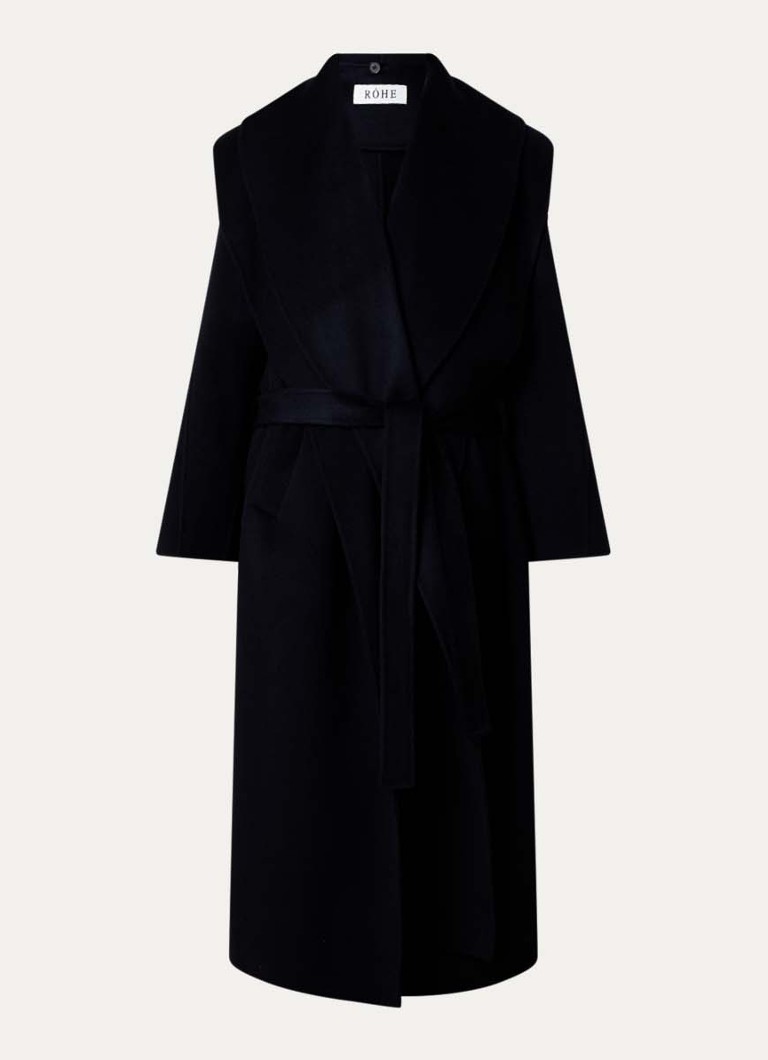 Róhe Dames Signature mantel in kasjmierblend met strikceintuur in de kleur Donkerblauw, maat: 36