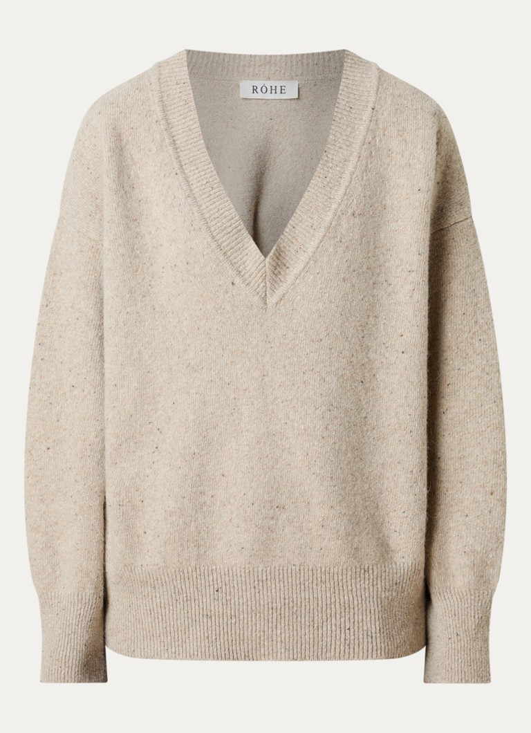 Róhe Dames Classic grofgebreide oversized pullover in kasjmierblend met V-hals in de kleur Khaki, maat: 34