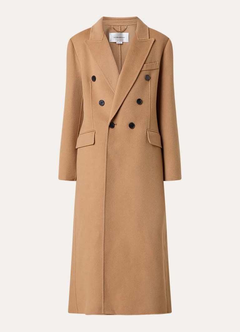 Victoria Beckham Dames Double-breasted mantel in kasjmierblend en klepzakken in de kleur Camel, maat: M