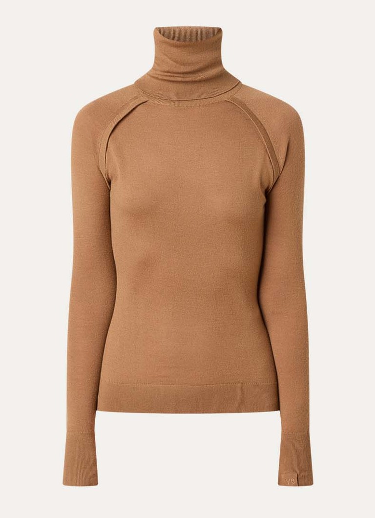 Victoria Beckham Dames Fijngebreide trui van wol met col in de kleur Camel, maat: M