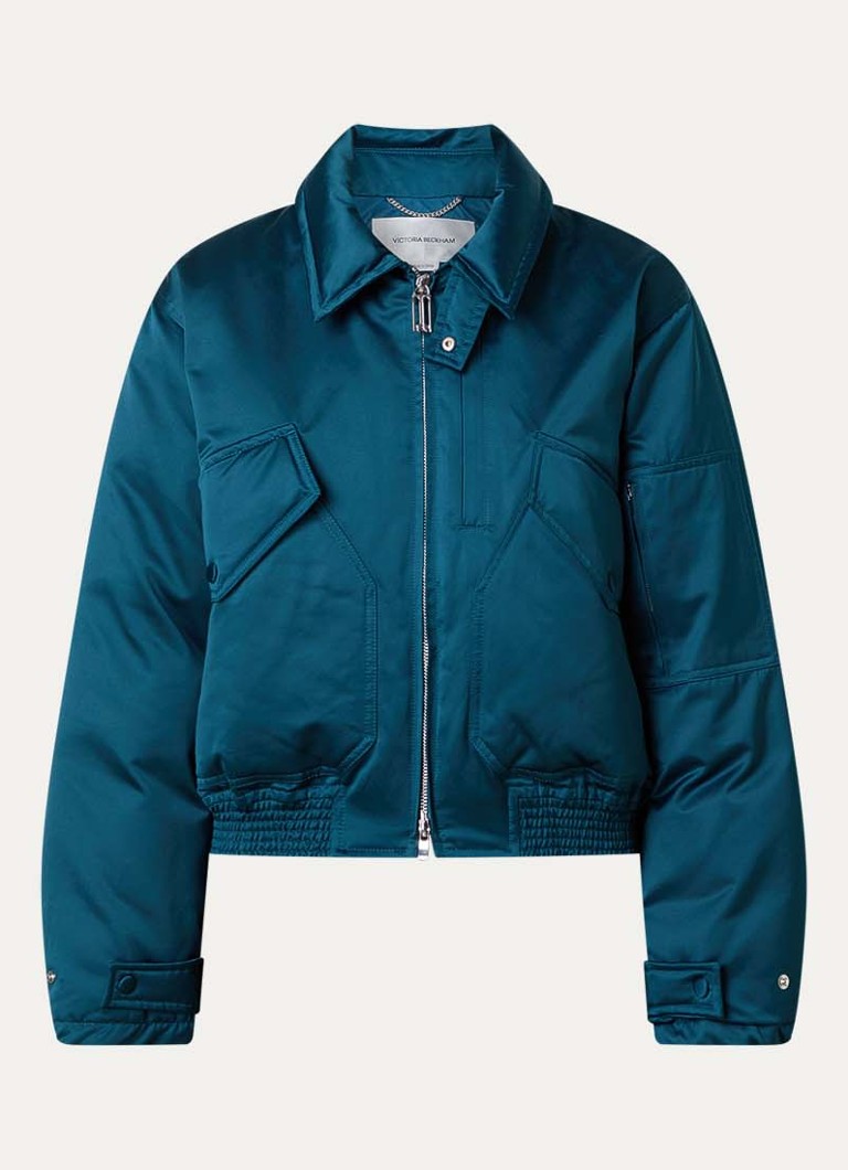 Victoria Beckham Dames Bomberjack van satijn met donsvulling in de kleur Petrol, maat: M