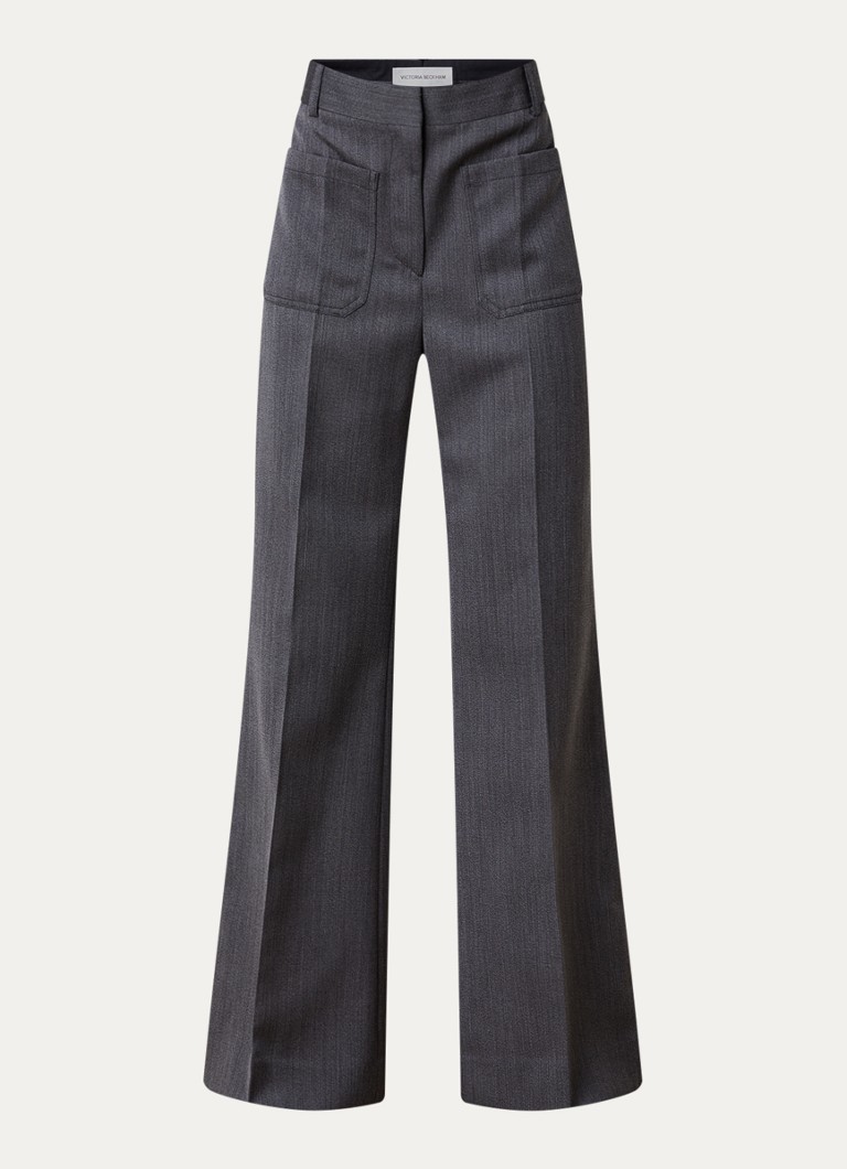 Victoria Beckham Dames Alina high waist straight fit pantalon van scheerwol met gemêleerd dessin in de kleur Middengrijs, maat: 38