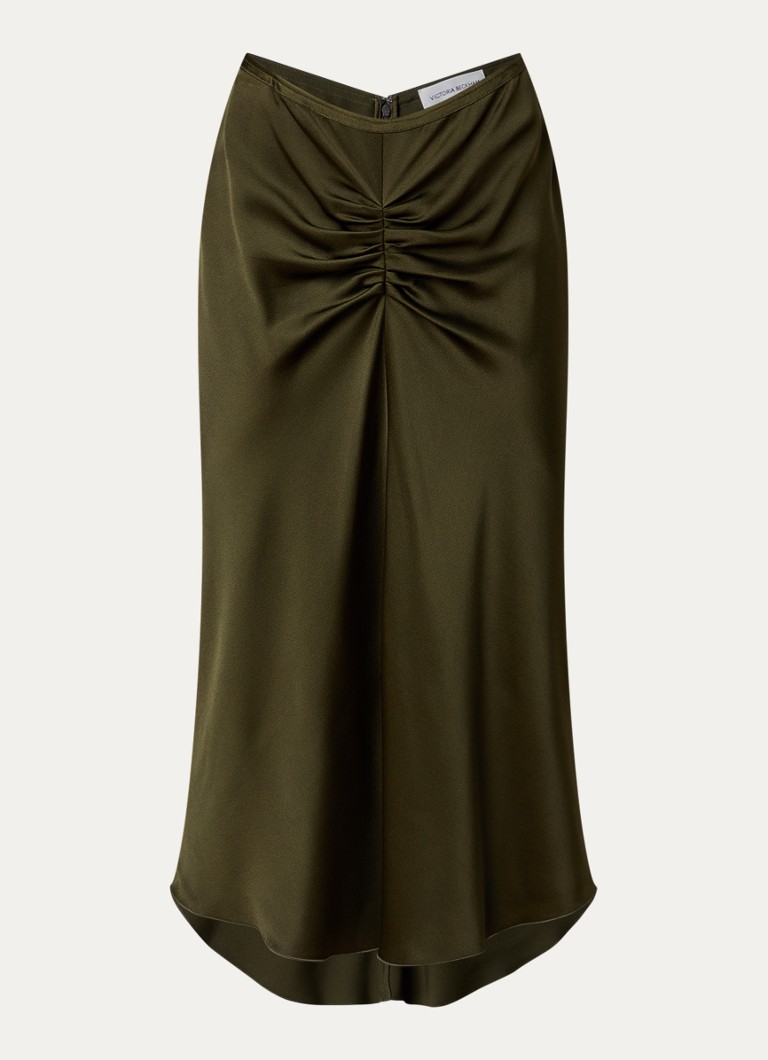 Victoria Beckham Dames Bela midi rok van satijn met ruches in de kleur Mosgroen, maat: 38