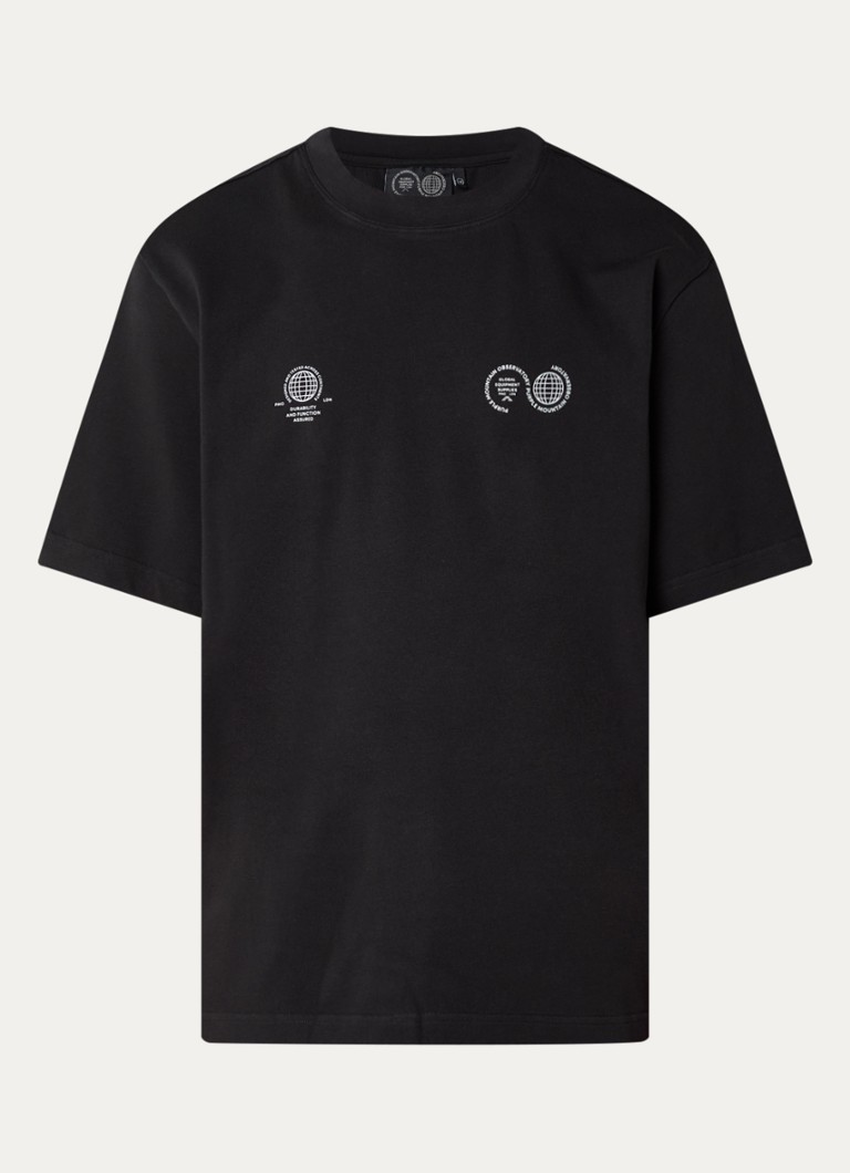 Purple Mountain Observatory Heren Globe T-shirt met logo- en backprint in de kleur Zwart, maat: S