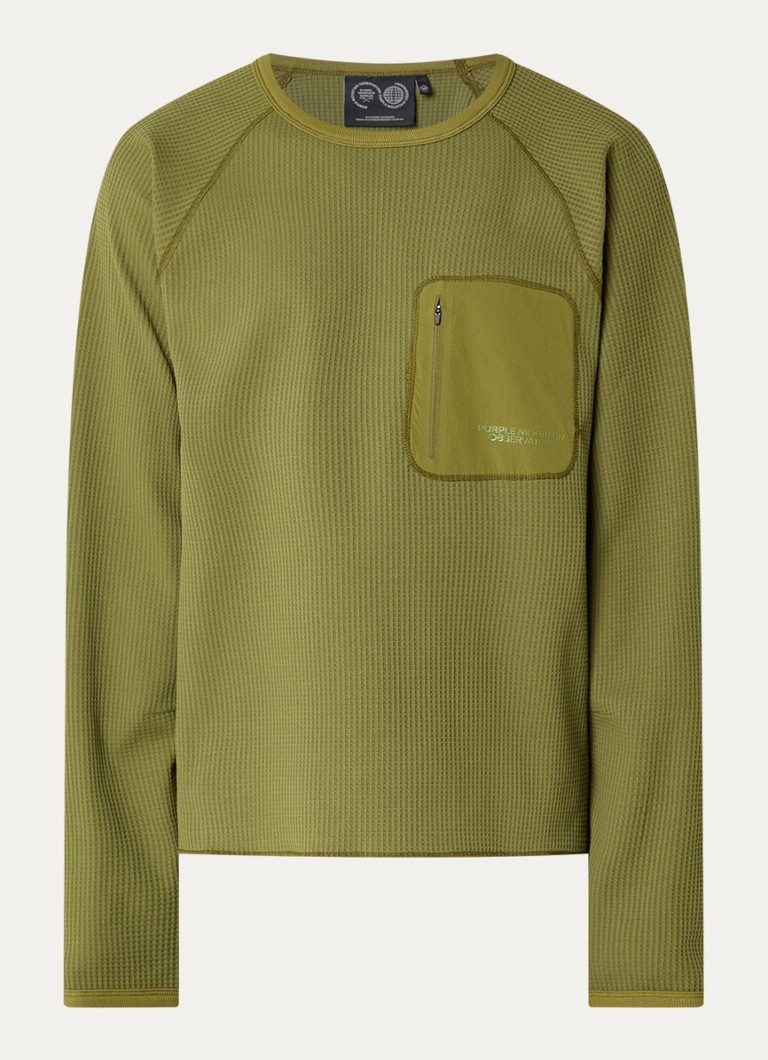 Purple Mountain Observatory Heren Waffle longsleeve met structuur en ritszak in de kleur Olijfgroen, maat: S