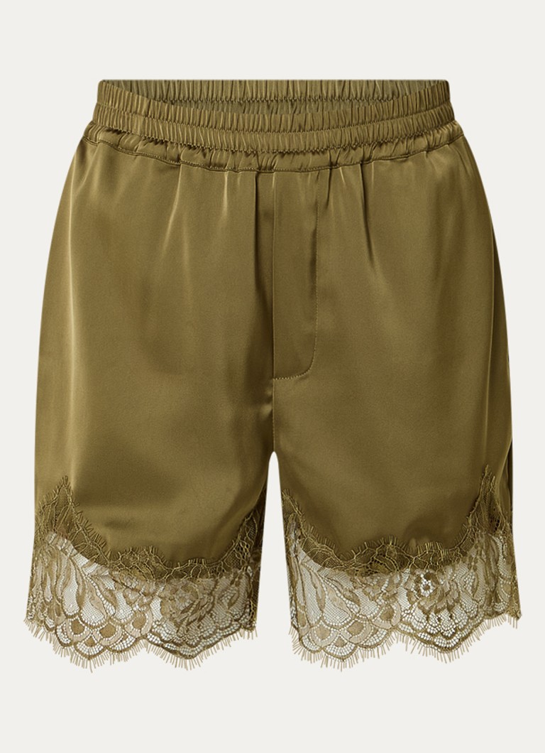 Gestuz Dames Lalou high waist straight fit korte broek van satijn met details van kant in de kleur Olijfgroen