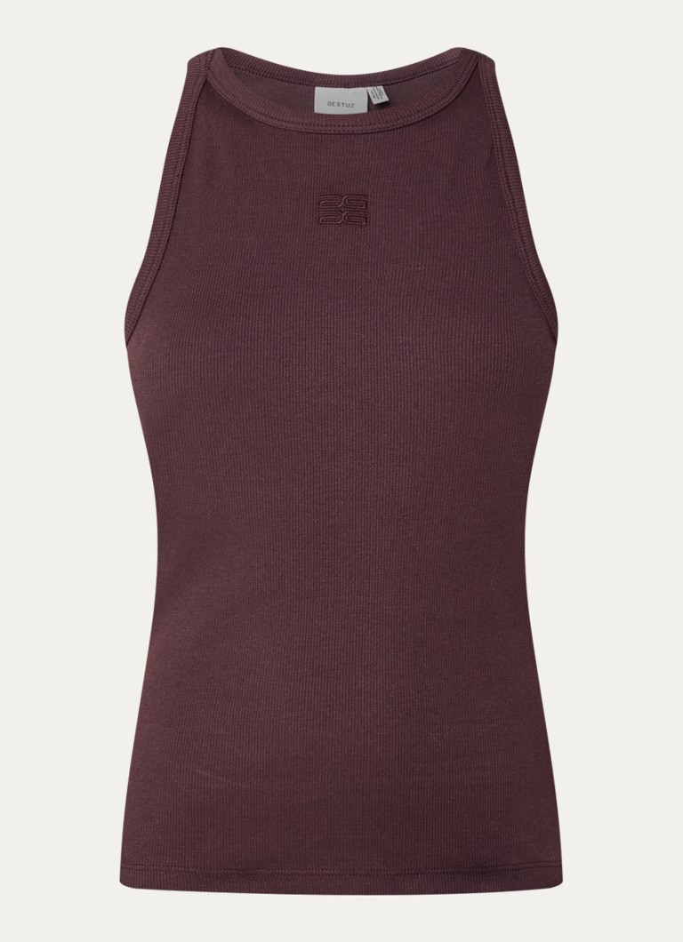 Gestuz Dames Drew tanktop met ribstructuur en logo in de kleur Kastanjebruin