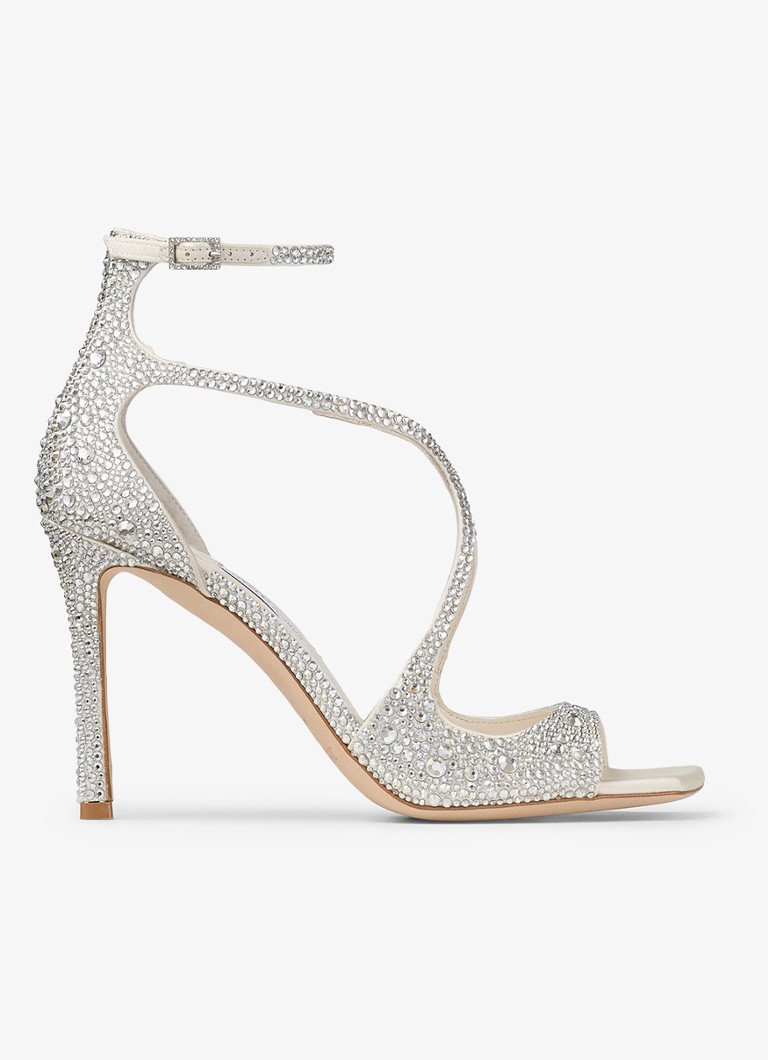 Jimmy Choo Dames Azia 95 sandalette van satijn met strass in de kleur Zilver