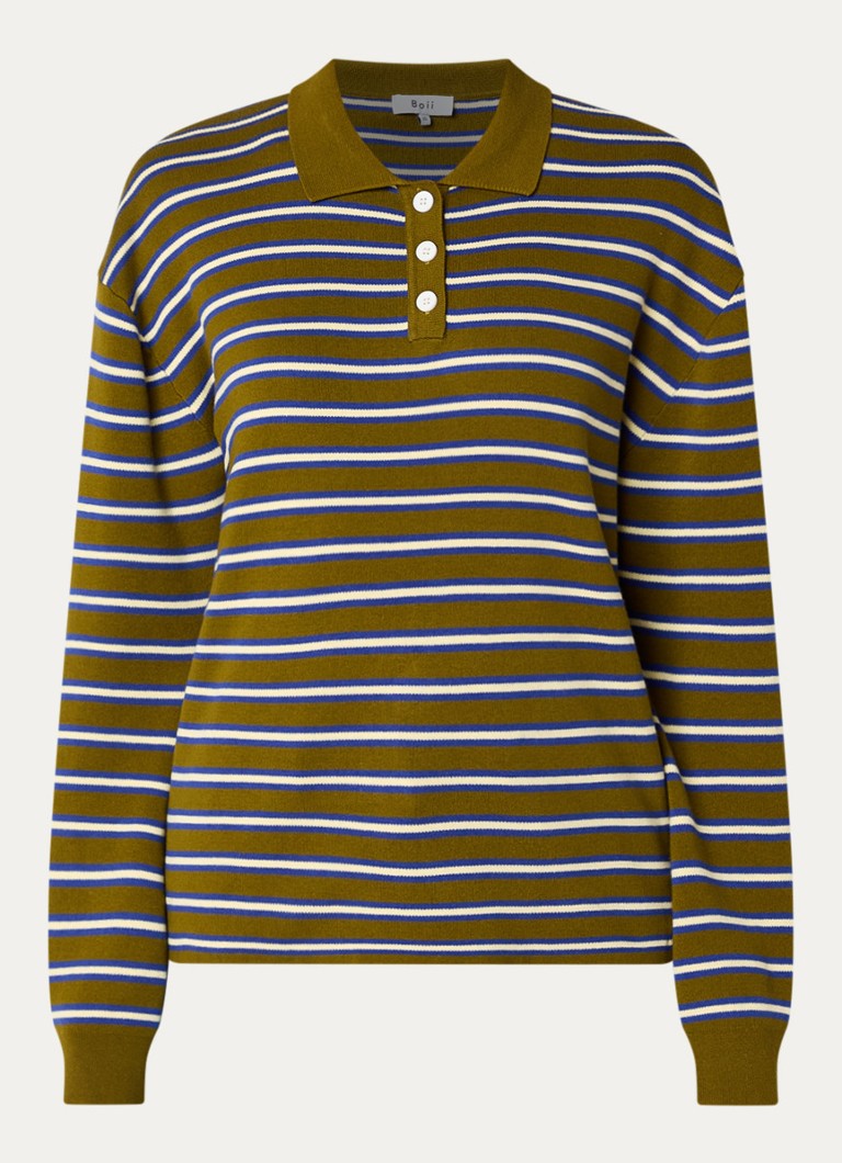Boii Studios Dames Fijngebreide polo met streepprint in de kleur Mosgroen, maat: ONE SIZE