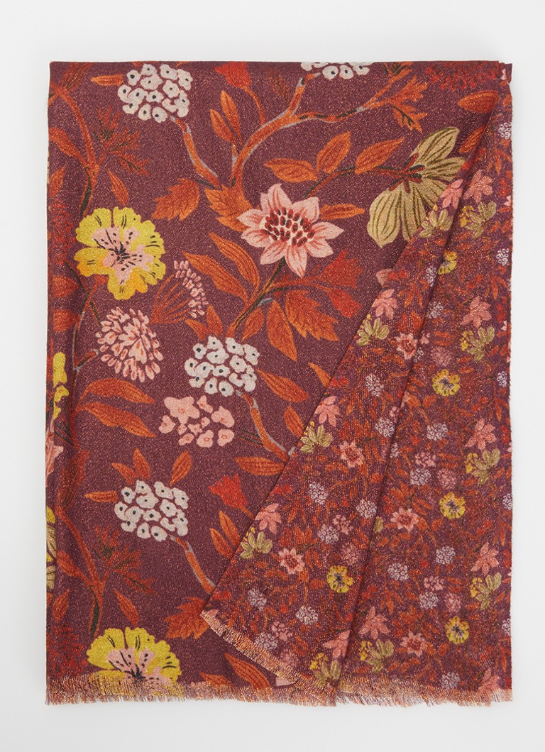Fraas Dames Sjaal met bloemenprint en glitter 70 x 190 cm in de kleur Paars, maat: 70/182