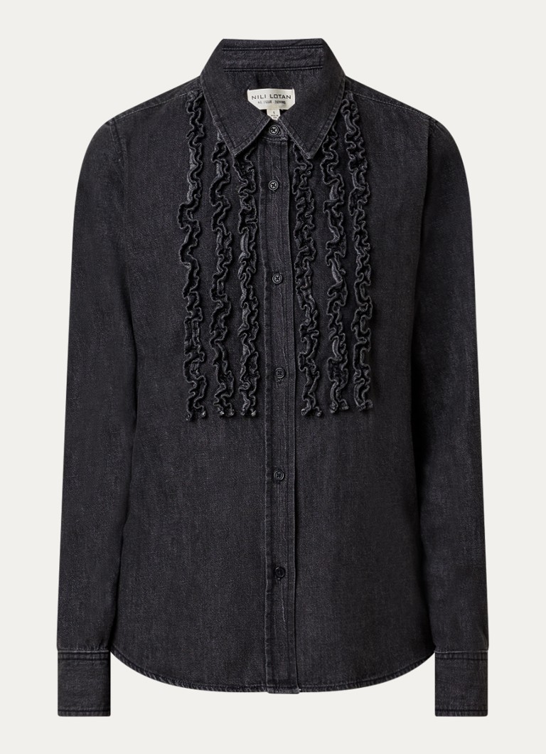 Nili Lotan Dames Emilie blouse van denim met ruches in de kleur Zwart, maat: M