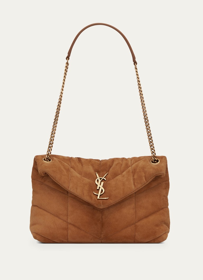 Saint Laurent Dames Puffer Small schoudertas van quilted kalfssuède in de kleur Cognac