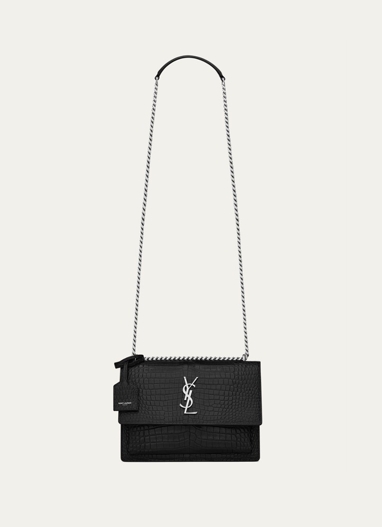 Saint Laurent Dames Sunset Medium schoudertas van kalfsleer met crocostructuur in de kleur Zwart